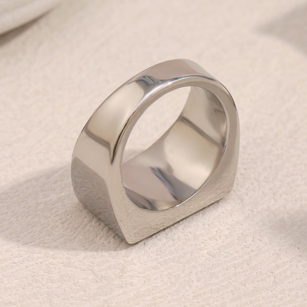 silver-finish stainless steel signet ring shown from the rear