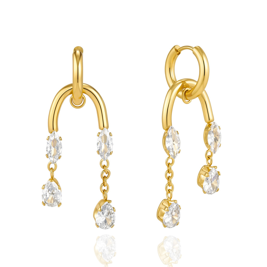 Gold tone hoops with marquise accents and pear-shaped drops