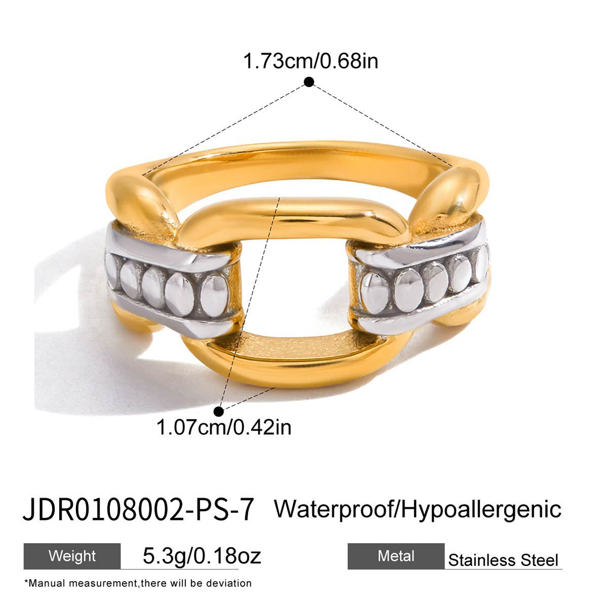 Two-tone accent link ring with its width diagram