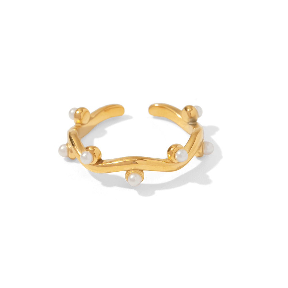 Gold Plated Stainless Steel Wavy Pearl Accent Open Ring — side profile