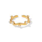 Gold Plated Stainless Steel Wavy Pearl Accent Open Ring — side profile