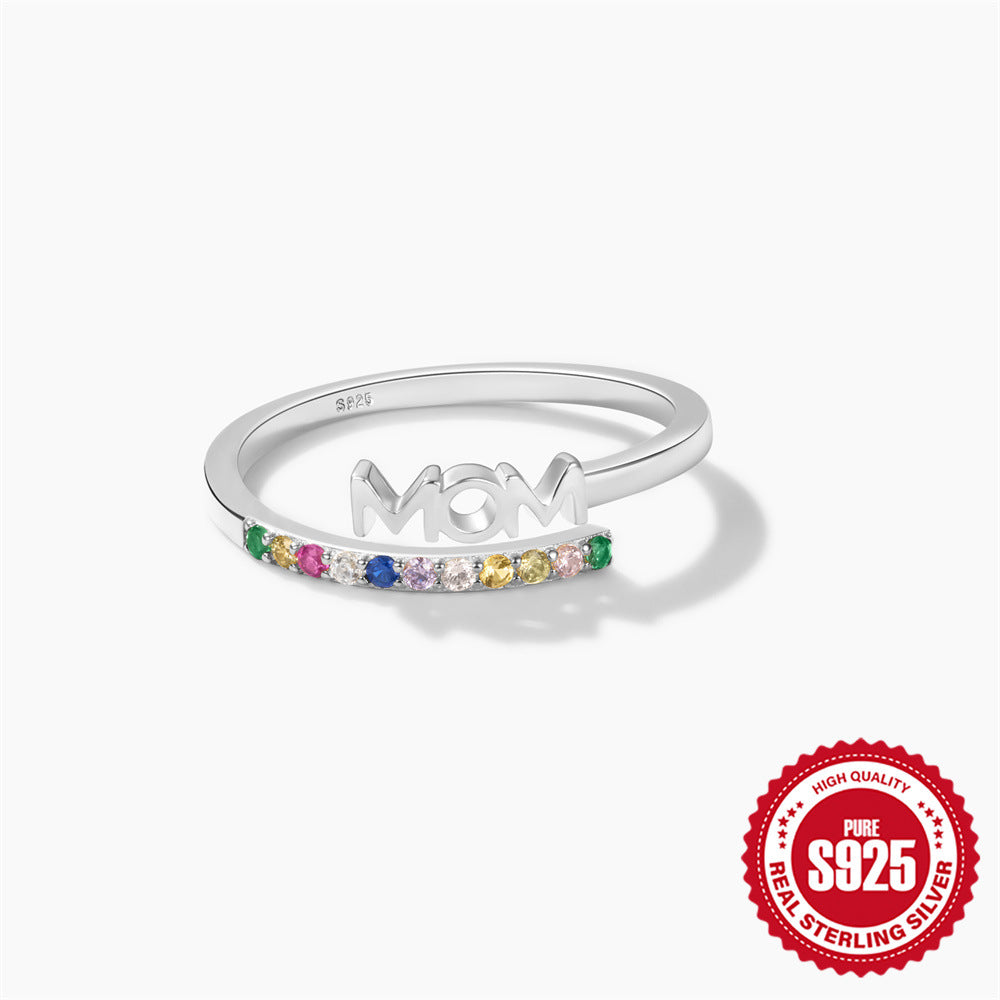925 Sterling Silver Rainbow Zirconia MOM Ring — silver MOM lettering and rainbow stones