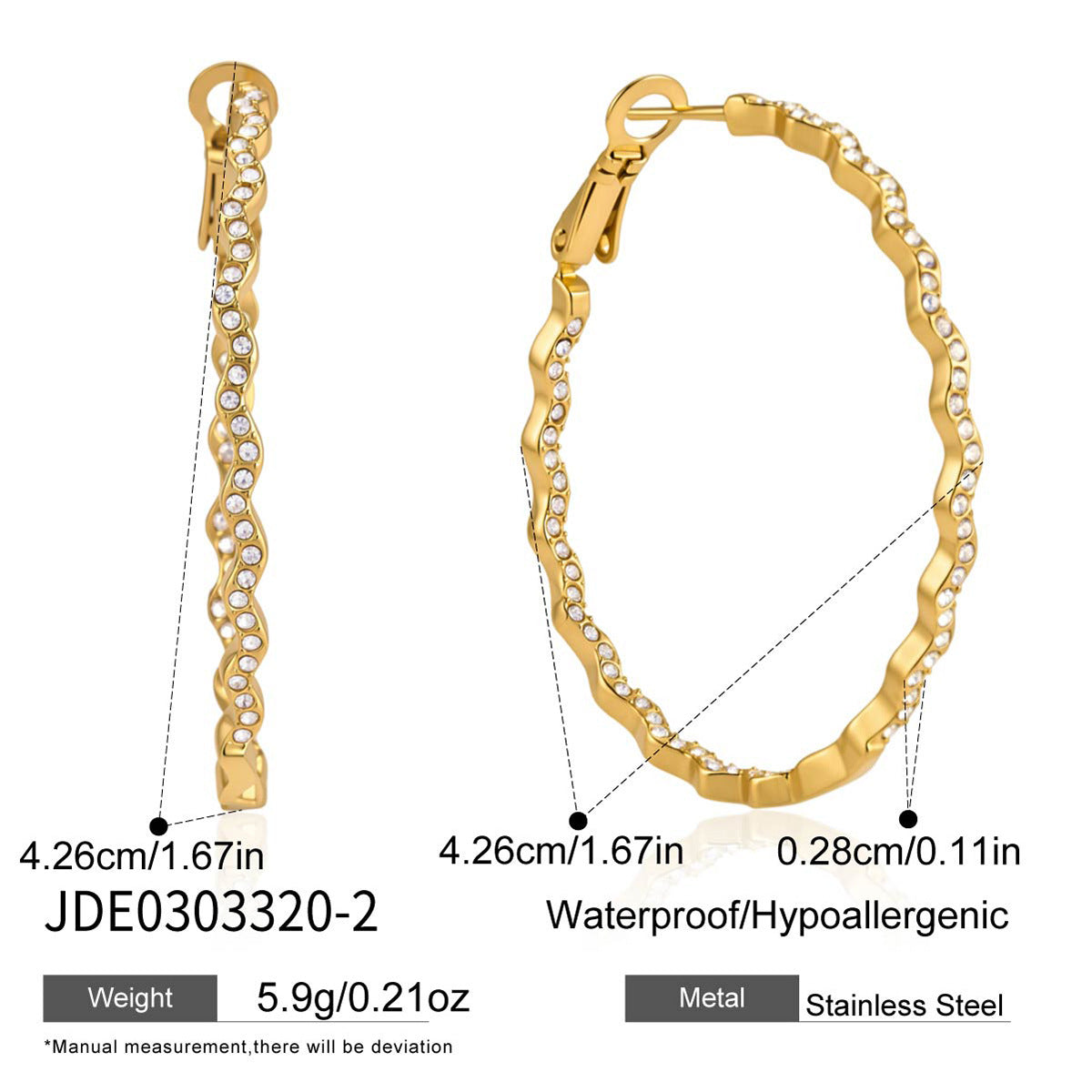 Larger wavy rhinestone hoop dimensions