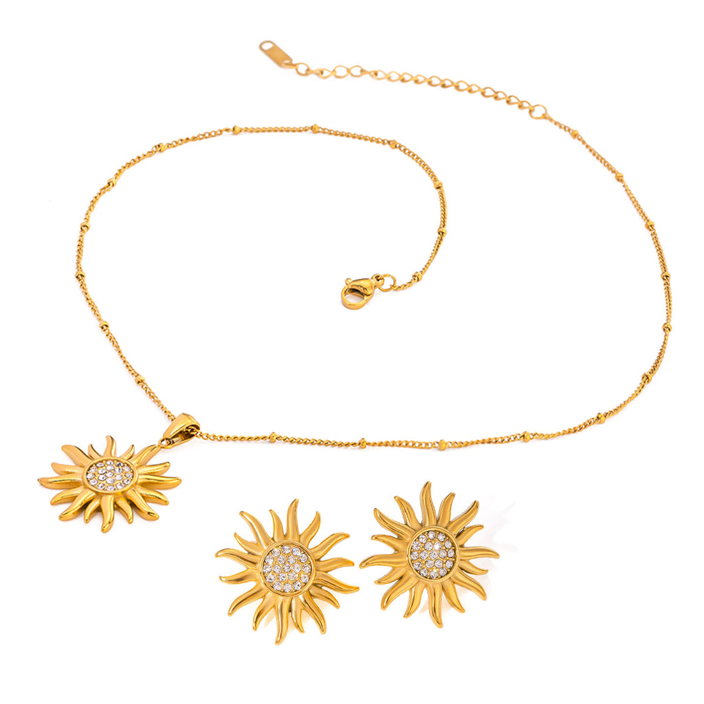 Sunburst necklace shown alongside separate sun stud earrings