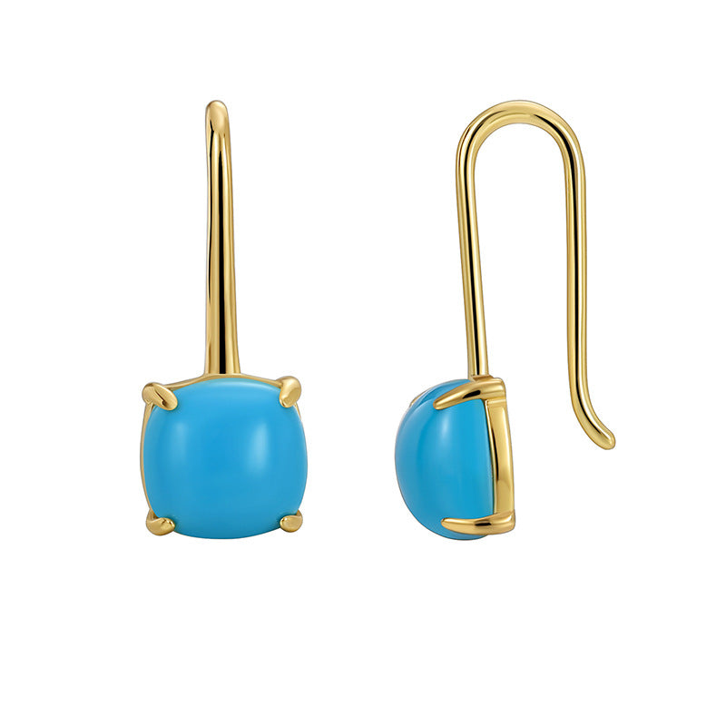 front and side view of gold plated blue cabochon hooks