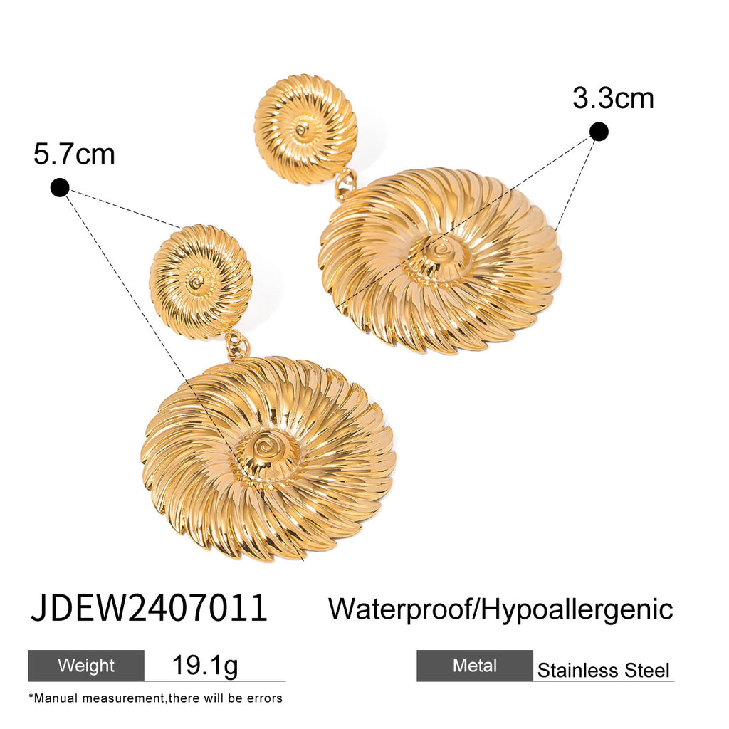 Stainless steel spiral disc drop earrings with length and width diagram