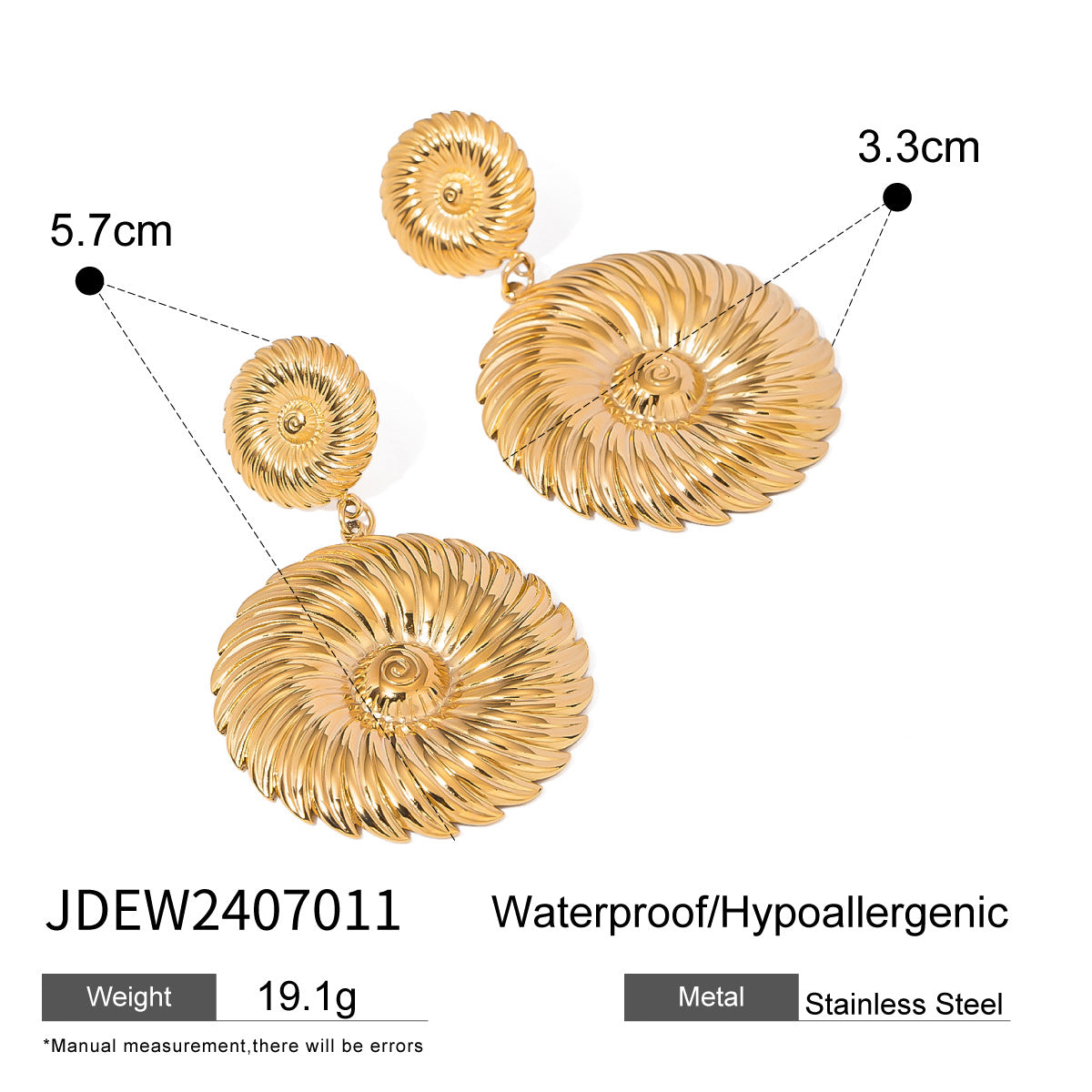 Stainless steel spiral disc drop earrings with length and width diagram