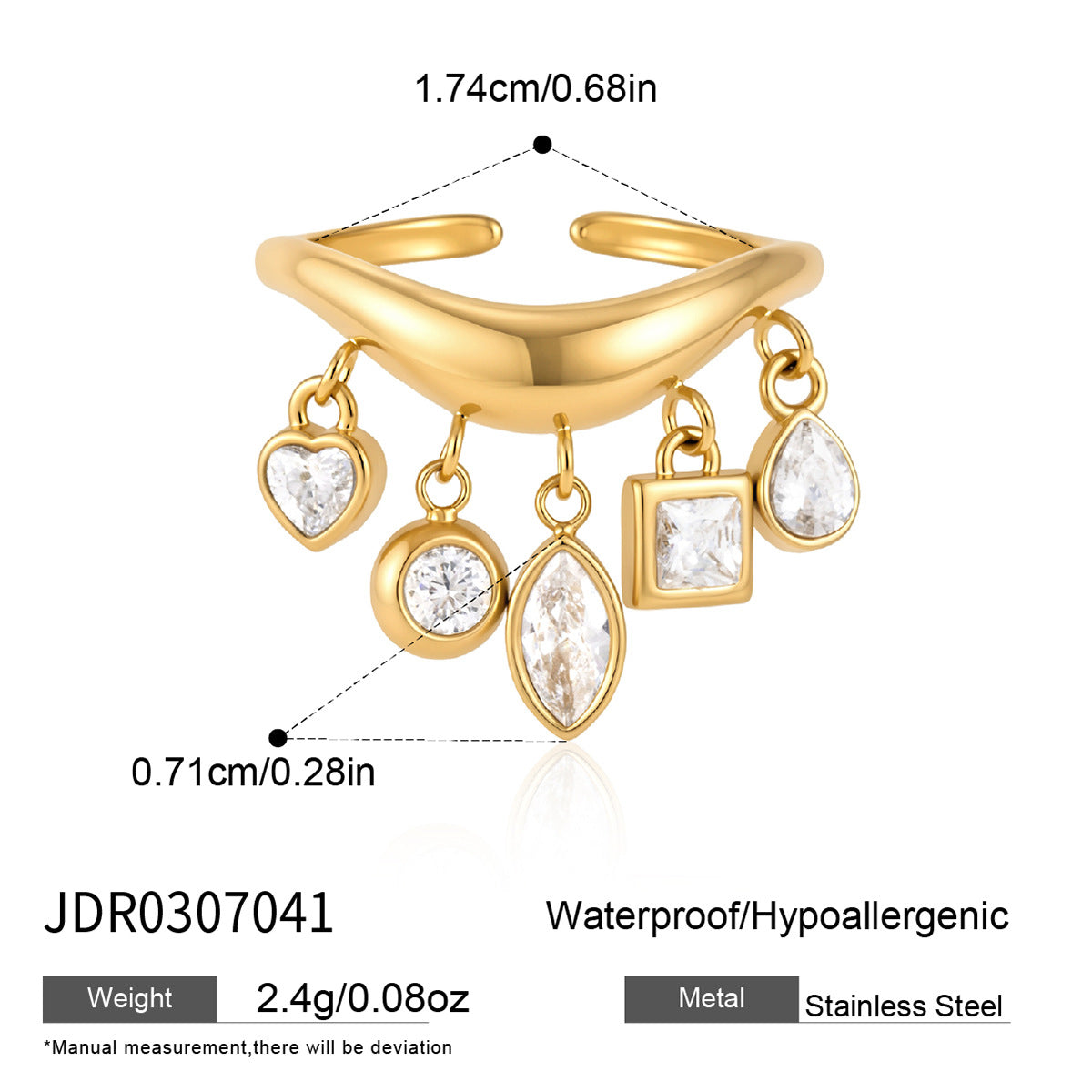 Curved band ring with five hanging geometric accents