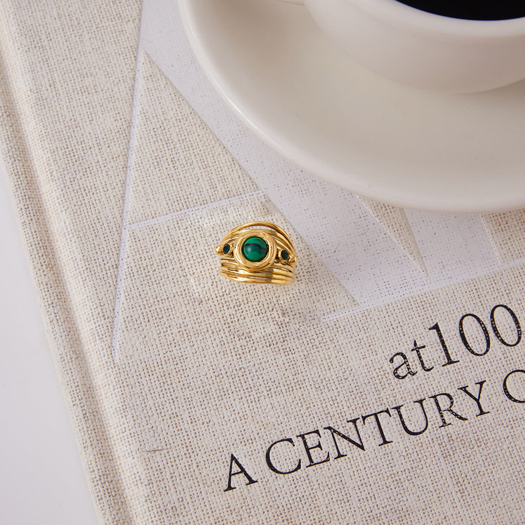 Green Striped Cabochon Stainless Steel Multi-Band Ring — worn view showing statement scale