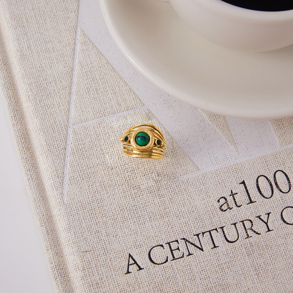 Green Striped Cabochon Stainless Steel Multi-Band Ring — worn view showing statement scale