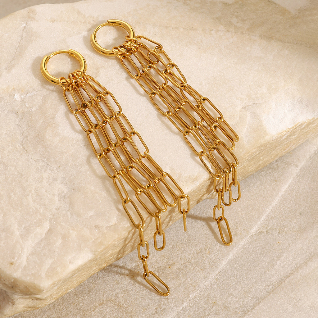 Paperclip chain fringe earrings angled view