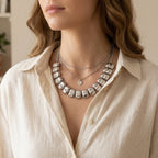 Folded-link statement necklace worn over a shirt