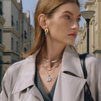 gold plated and silver-finish ring-cluster drop earring worn outdoors