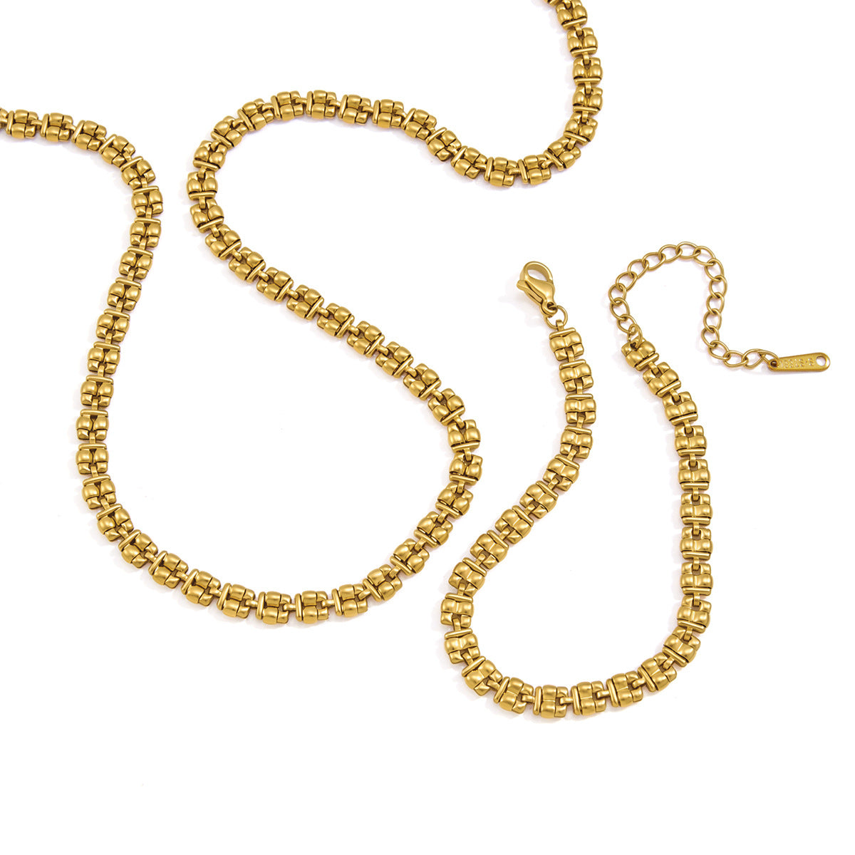 Close-up of textured links and extension clasps