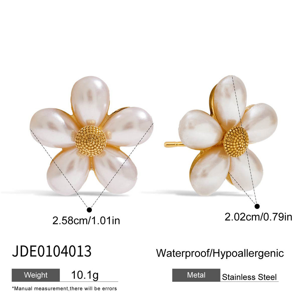 White petal stainless steel flower studs with width and height measurements