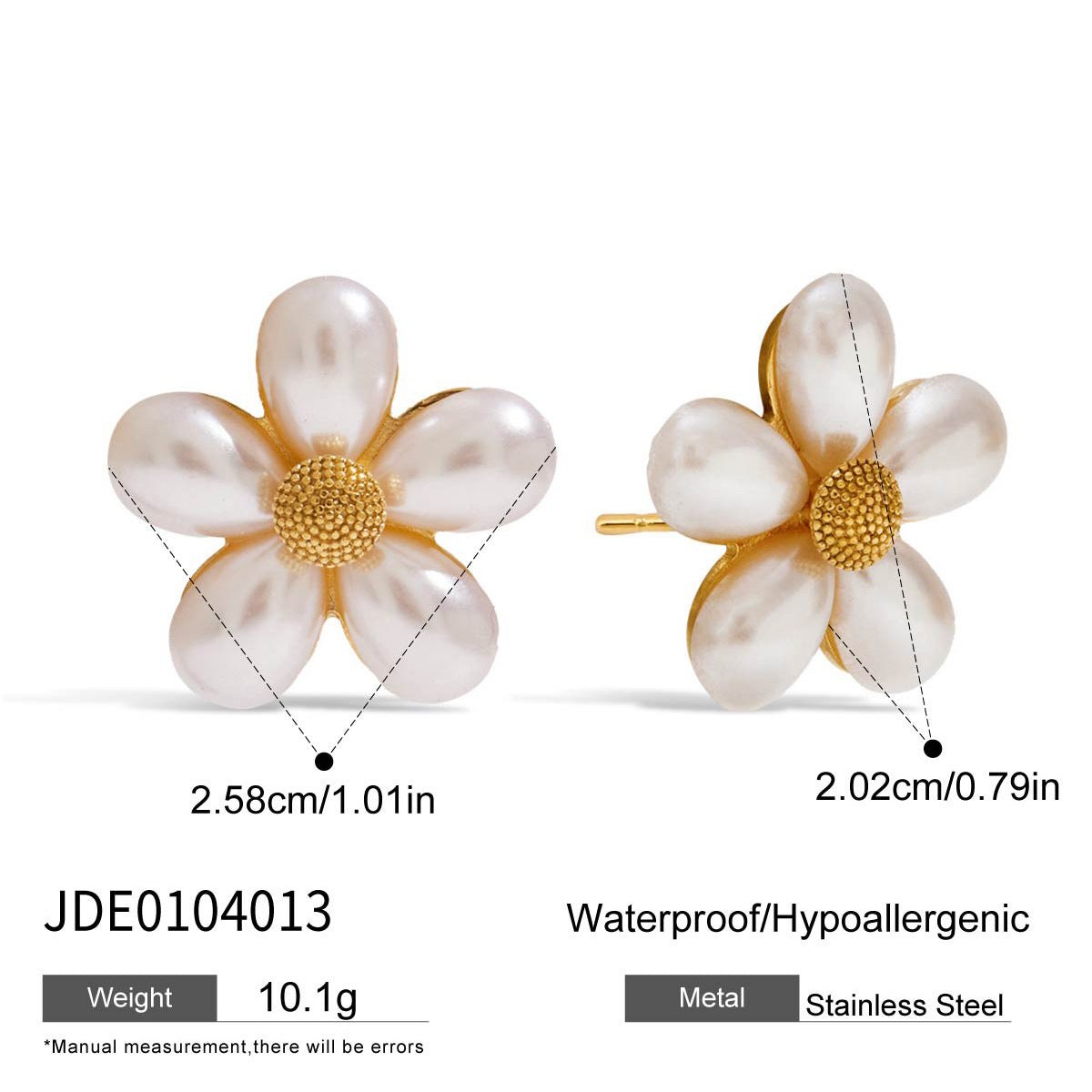 White petal stainless steel flower studs with width and height measurements