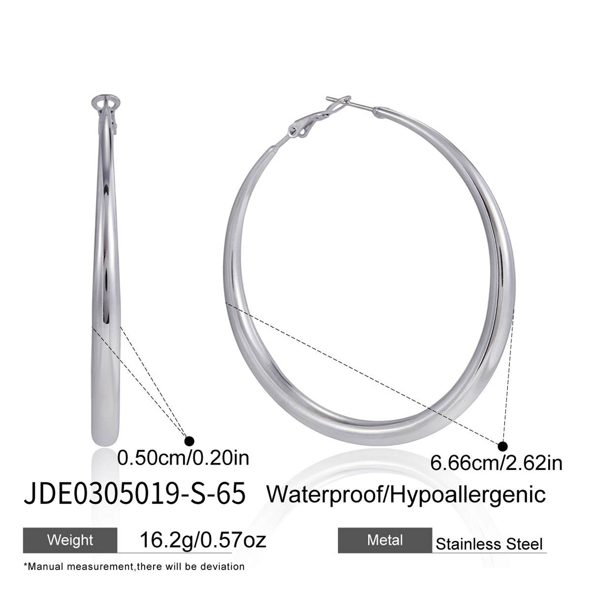65 mm silver-finish graduated hoop earring dimensions