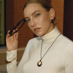 Amber-Color Resin Stainless Steel Cord Pendant Necklace shown on model