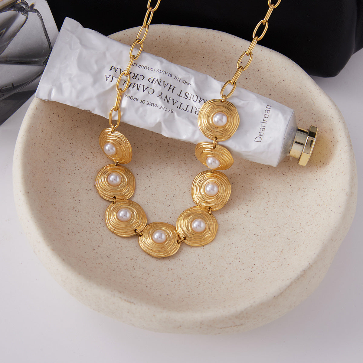 Gold-Tone Pearl-Look Stainless Steel Necklace and Bracelet Collection close-up product view