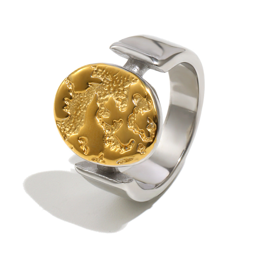 two-tone stainless steel ring with silver-finish frame and gold plated celestial disc