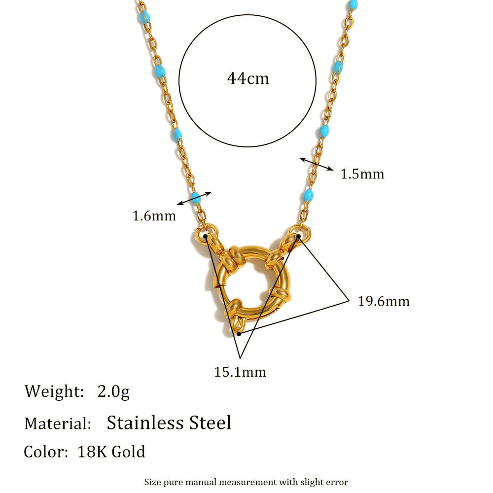 Gold Plated Stainless Steel Multicolor Bead Circle Pendant Necklace — white bead option worn view