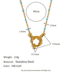 Gold Plated Stainless Steel Multicolor Bead Circle Pendant Necklace — white bead option worn view