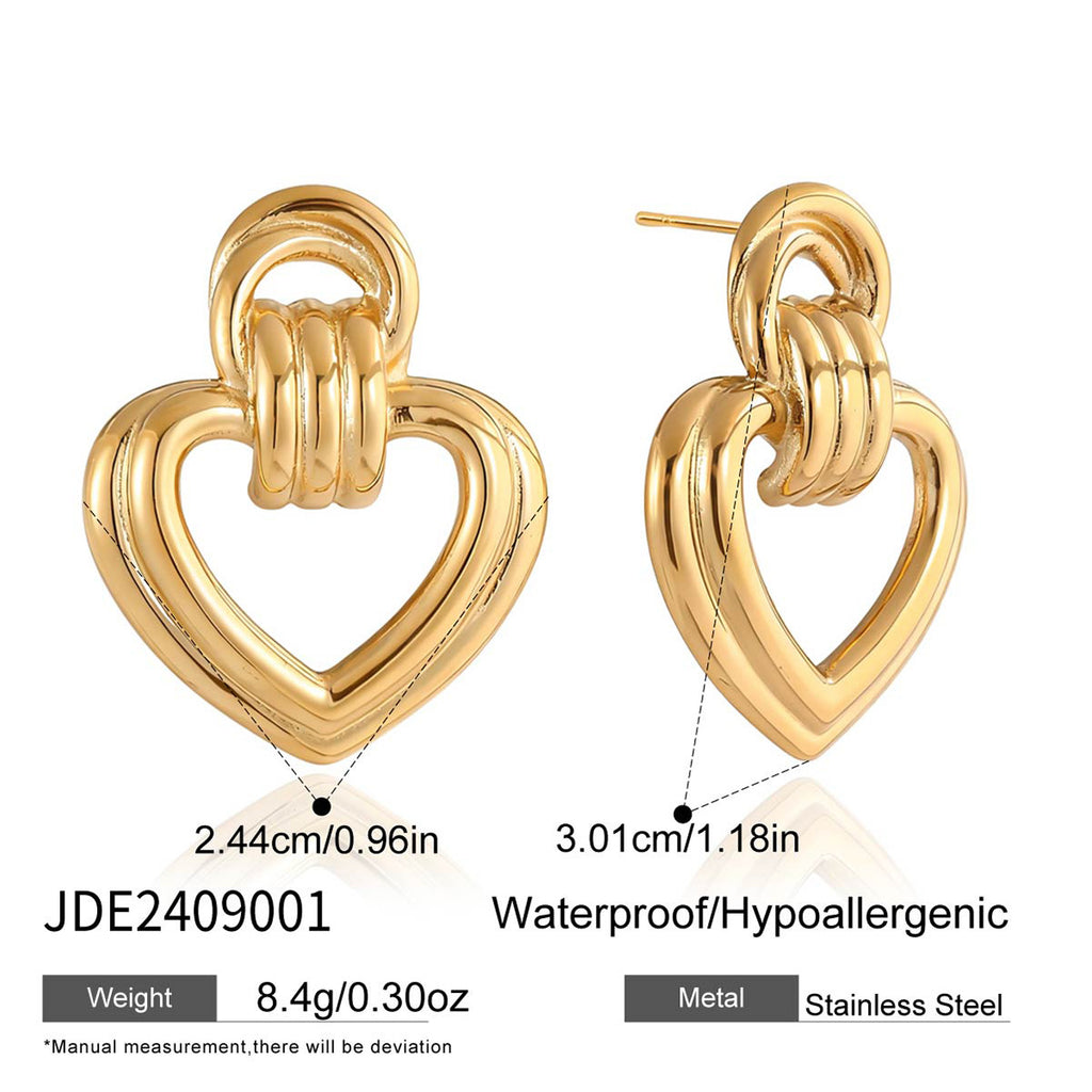 Two-Tone Open Heart Stainless Steel Drop Earrings — side profile of the linear studs