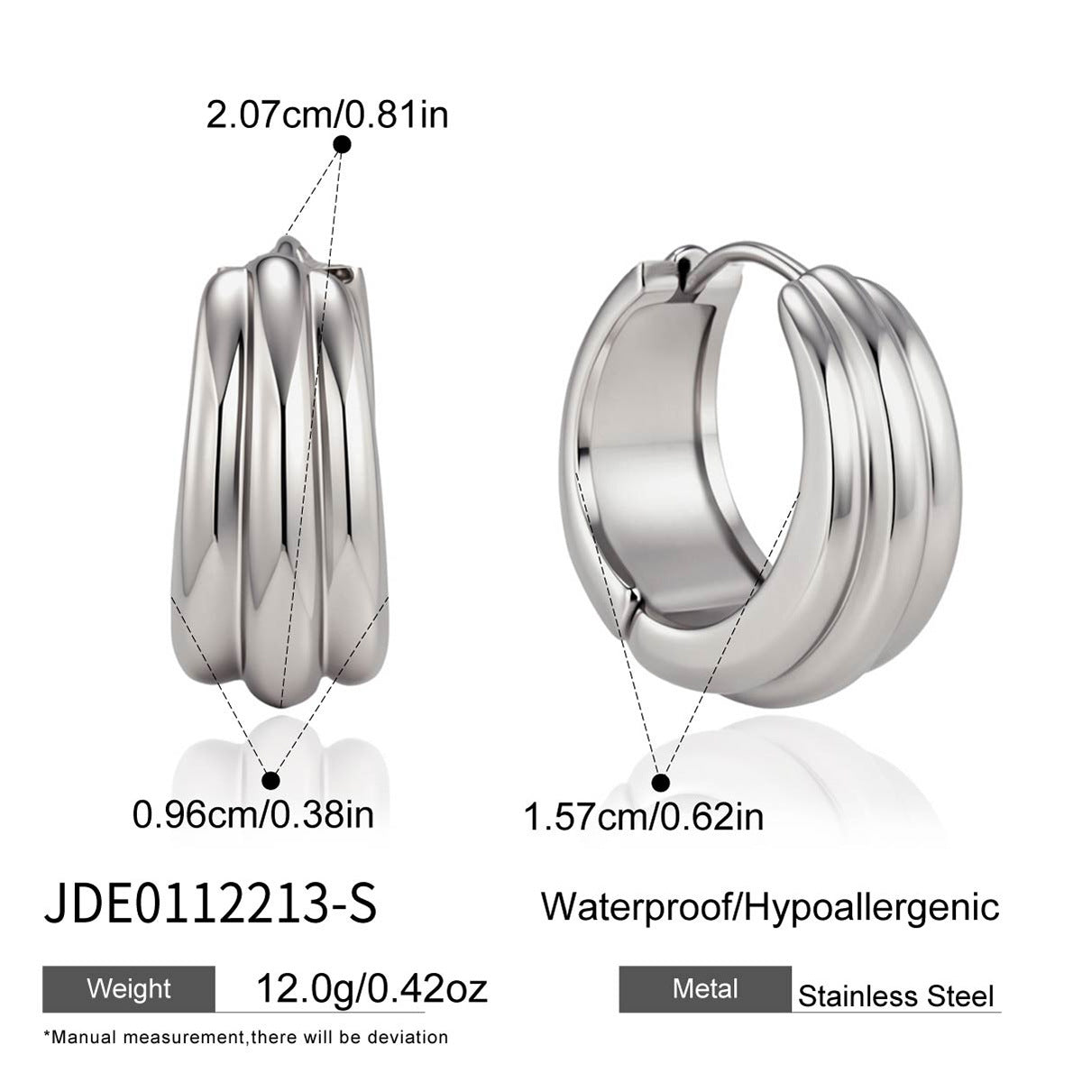 dimensions of the silver-finish stainless steel triple-ridge hoops
