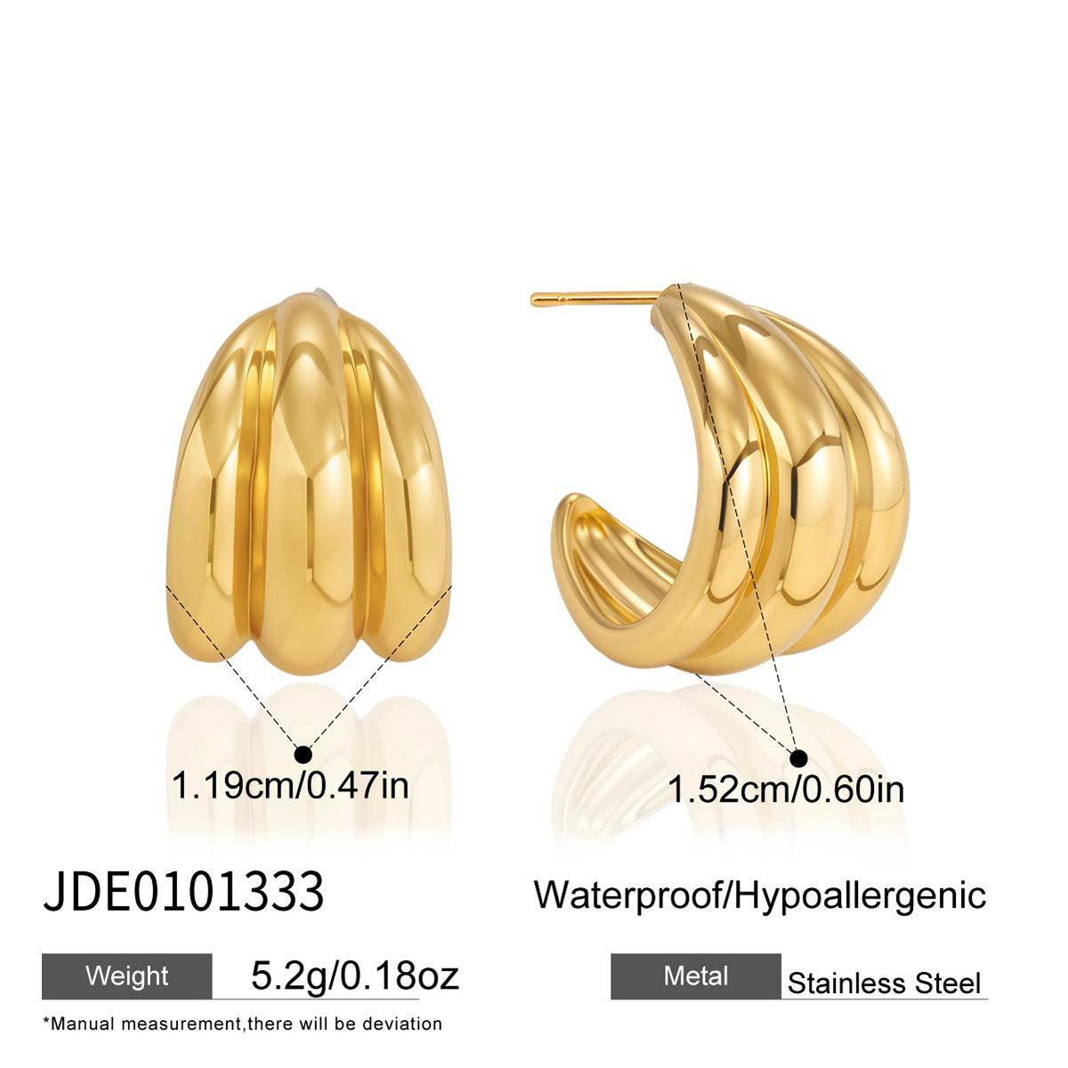 Triple ridge stainless steel earring measurement reference