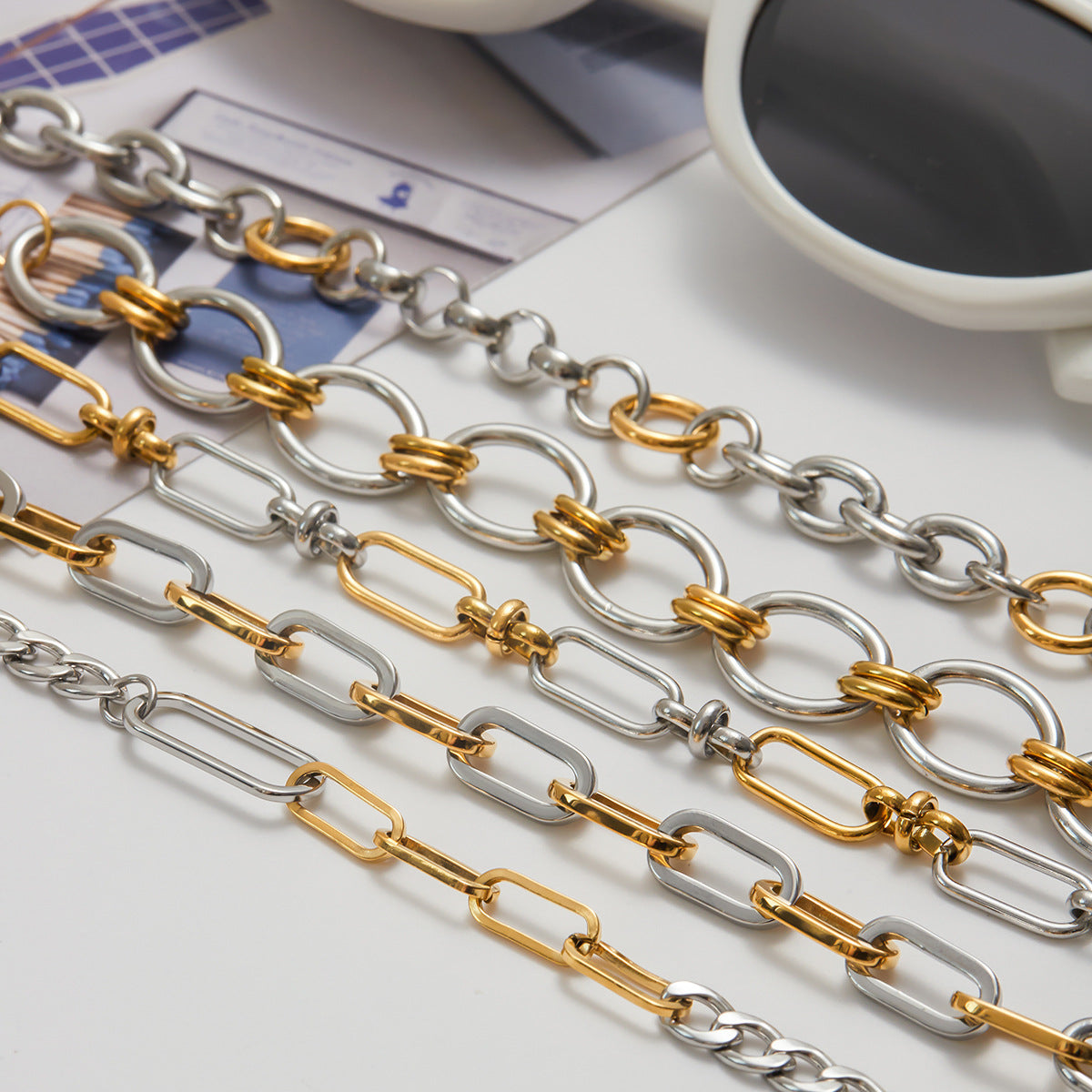 Two-Tone Stainless Steel Chain Bracelet Collection – flat-lay view