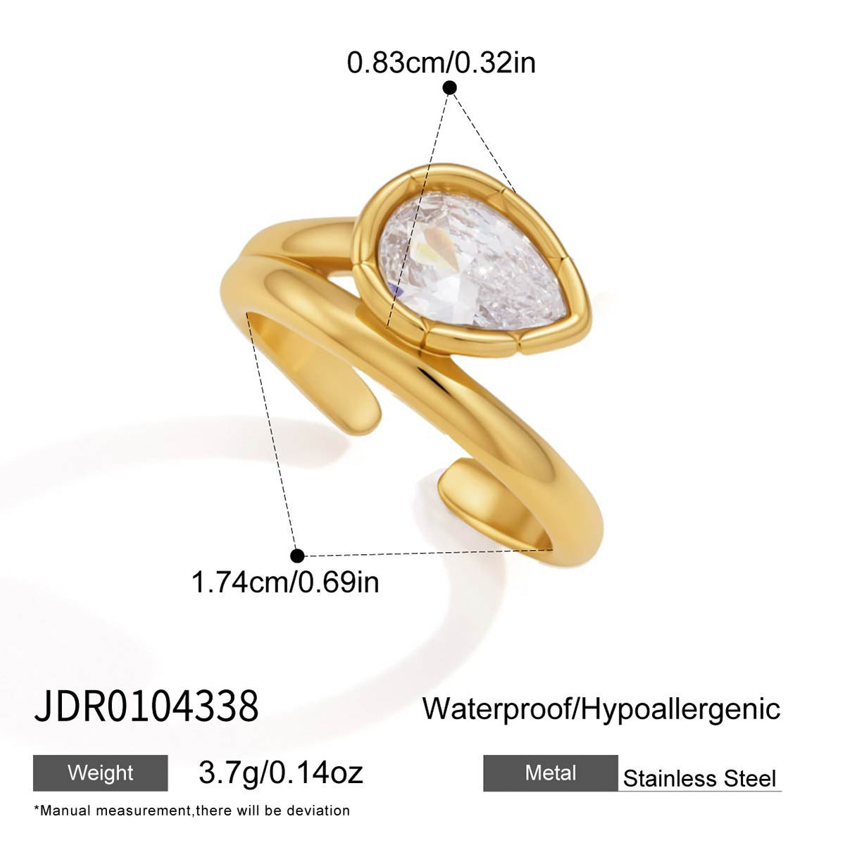 Gold tone pear zirconia ring measurement reference
