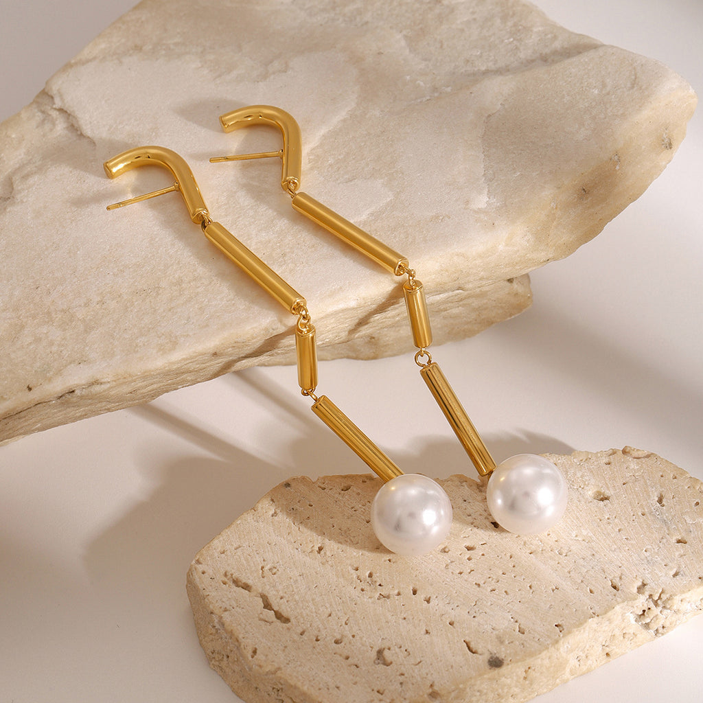 Gold-Tone Pearl-Look Linear Stainless Steel Drop Earrings close-up product view