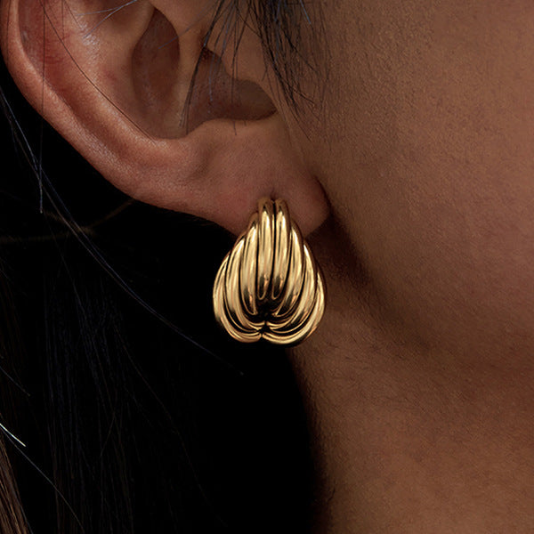Wholesale Gold-Tone Stainless Steel Ribbed Teardrop Stud Earrings - styled view