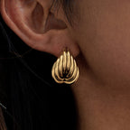 Wholesale Gold-Tone Stainless Steel Ribbed Teardrop Stud Earrings - styled view