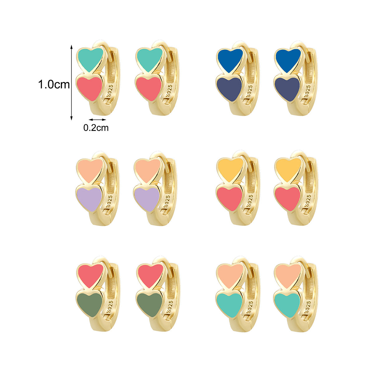 Gold Plated 925 Sterling Silver Colorful Double Heart Hoop Earrings — six color options and 10 mm size diagram