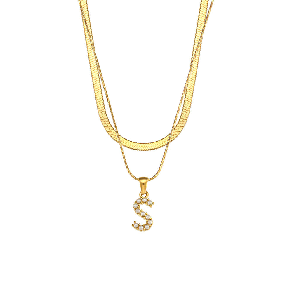 Imitation pearl letter S pendant on layered stainless steel chains