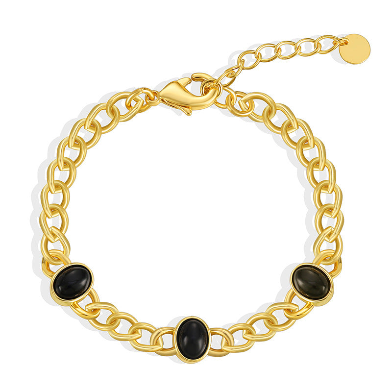 gold plated black agate bracelet with lobster clasp and extender
