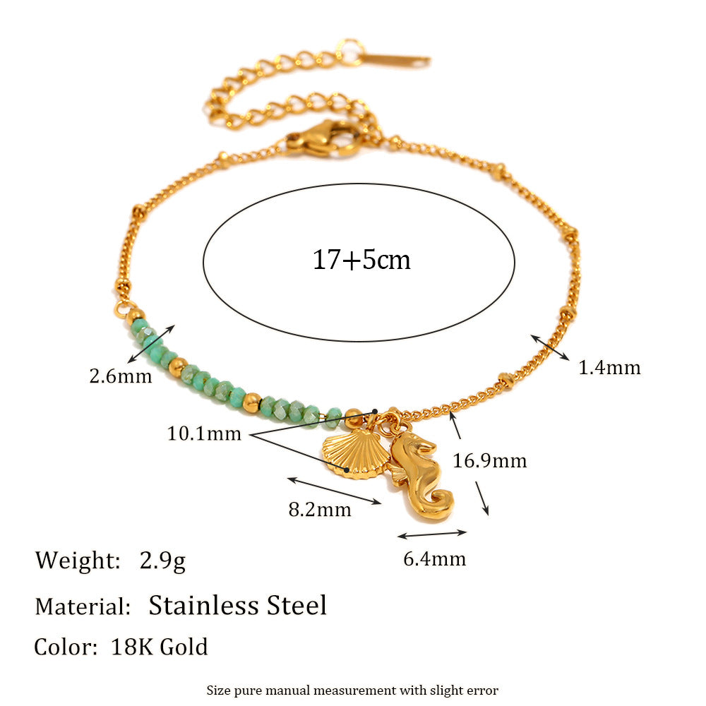 Gold Plated Stainless Steel Green Bead Seahorse and Shell Bracelet — dimensions view