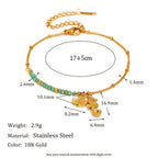 Gold Plated Stainless Steel Green Bead Seahorse and Shell Bracelet — dimensions view