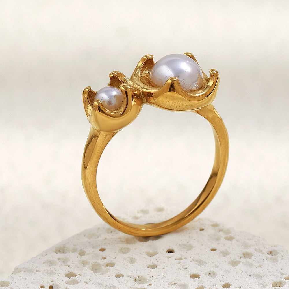 rear view of the gold plated double imitation pearl ring