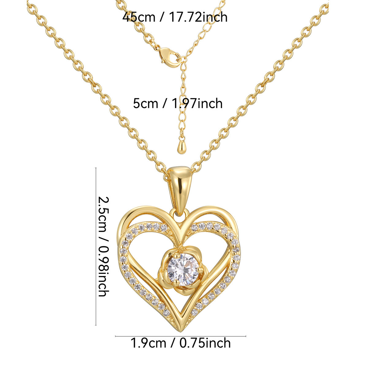 heart halo necklace dimensions with 45 plus 5 cm chain and 25 by 19 mm pendant