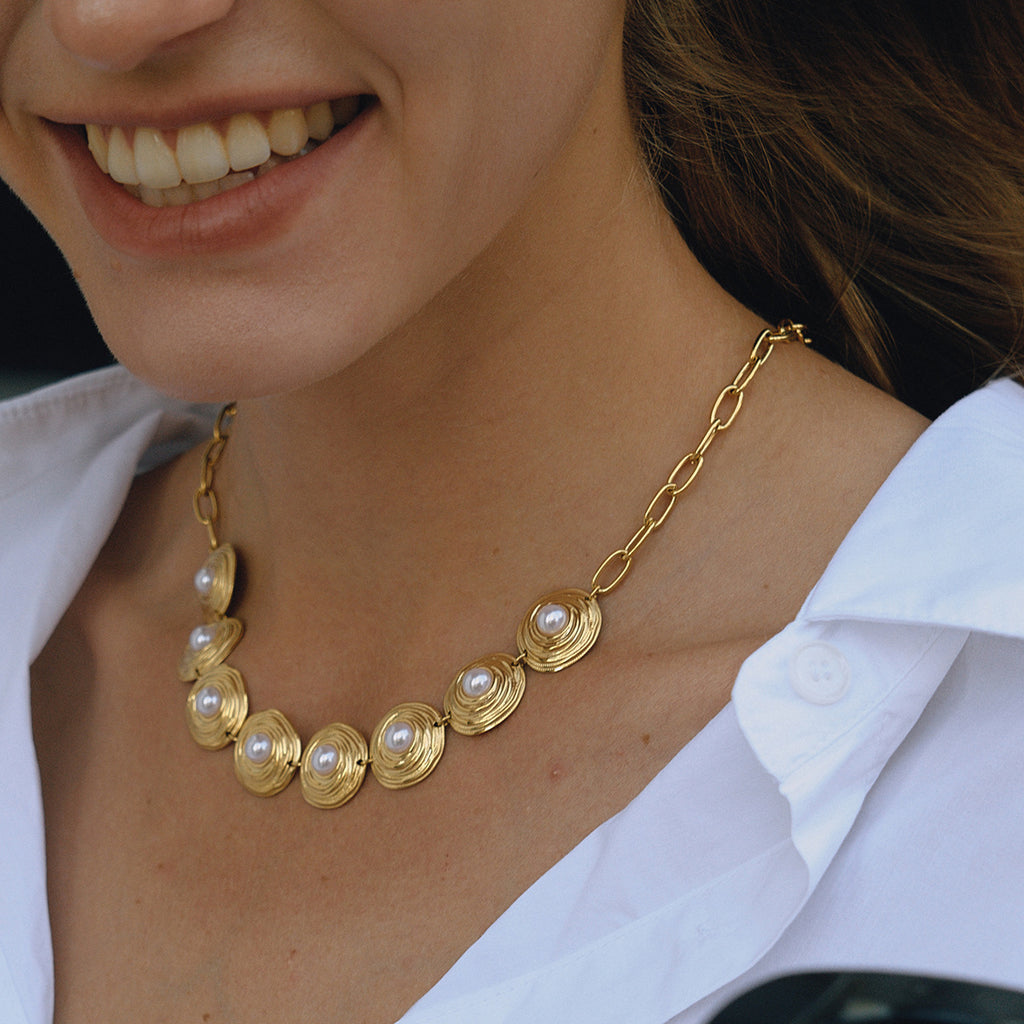Gold-Tone Pearl-Look Stainless Steel Necklace and Bracelet Collection styled product view