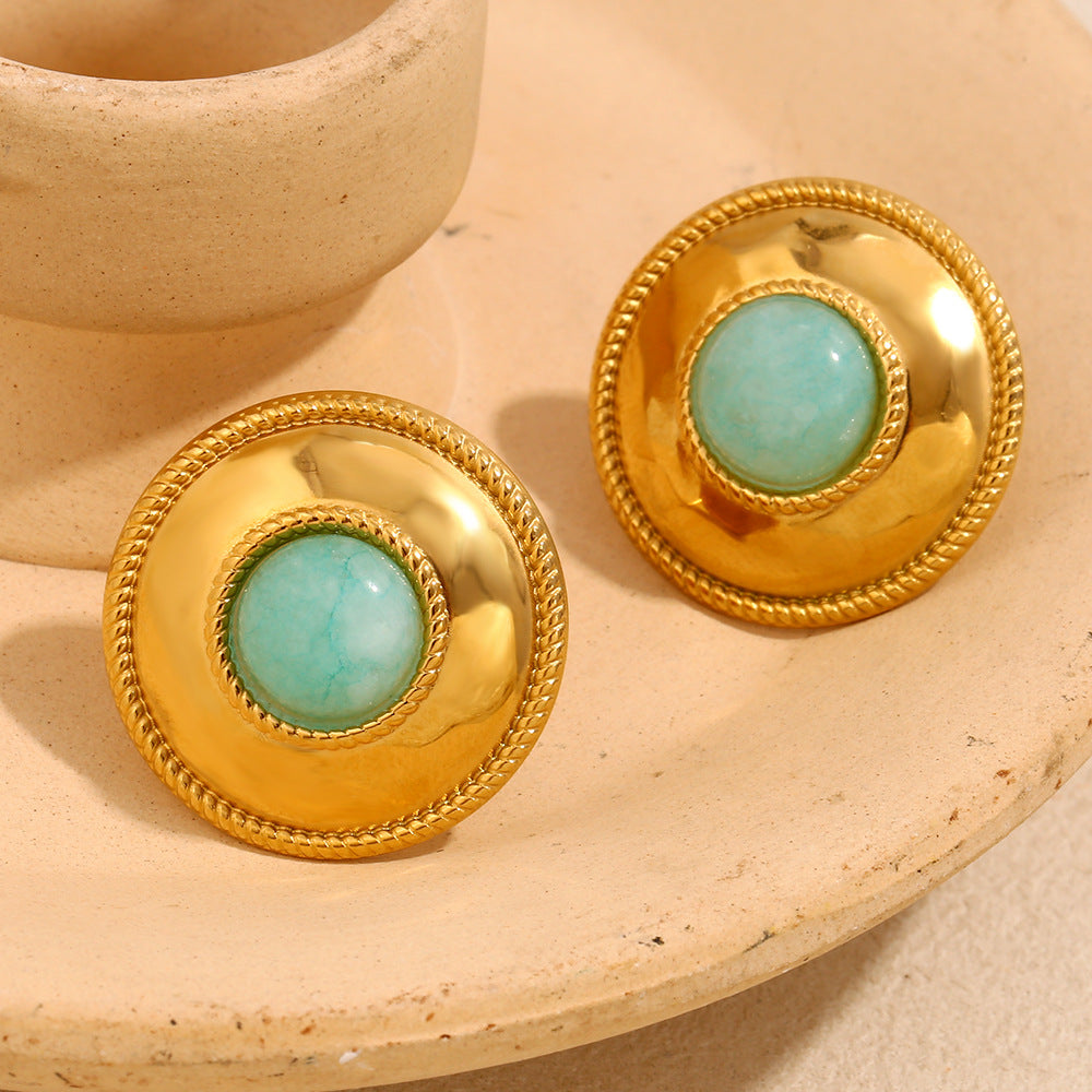 blue-green amazonite cabochons in hammered gold medallions