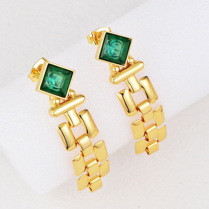 square green zirconia earrings with articulated gold plated block links