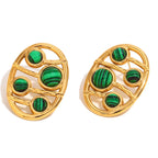 front product view of oval earrings with four malachite cabochons