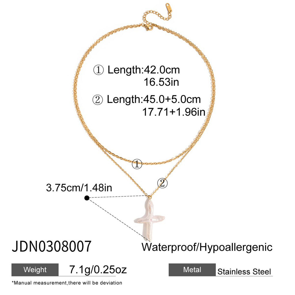 Two-layer necklace with a pale tail-shaped pendant and separate chain length diagrams