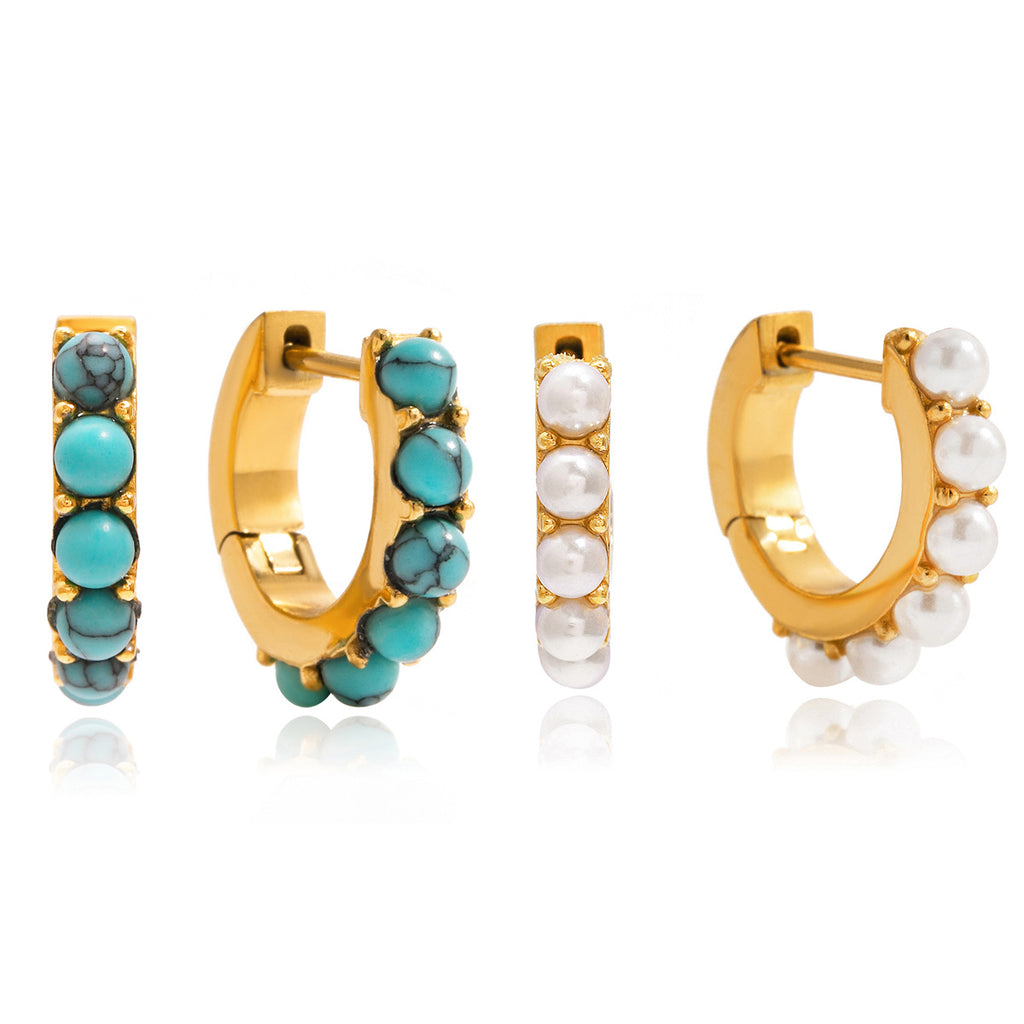 Blue bead and imitation pearl hoop earring variants front view