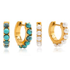 Blue bead and imitation pearl hoop earring variants front view