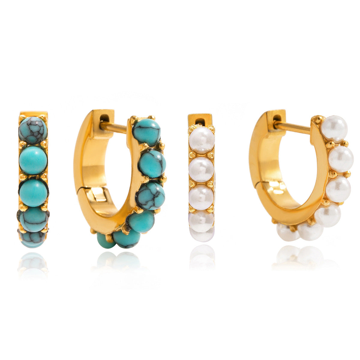 Blue bead and imitation pearl hoop earring variants front view