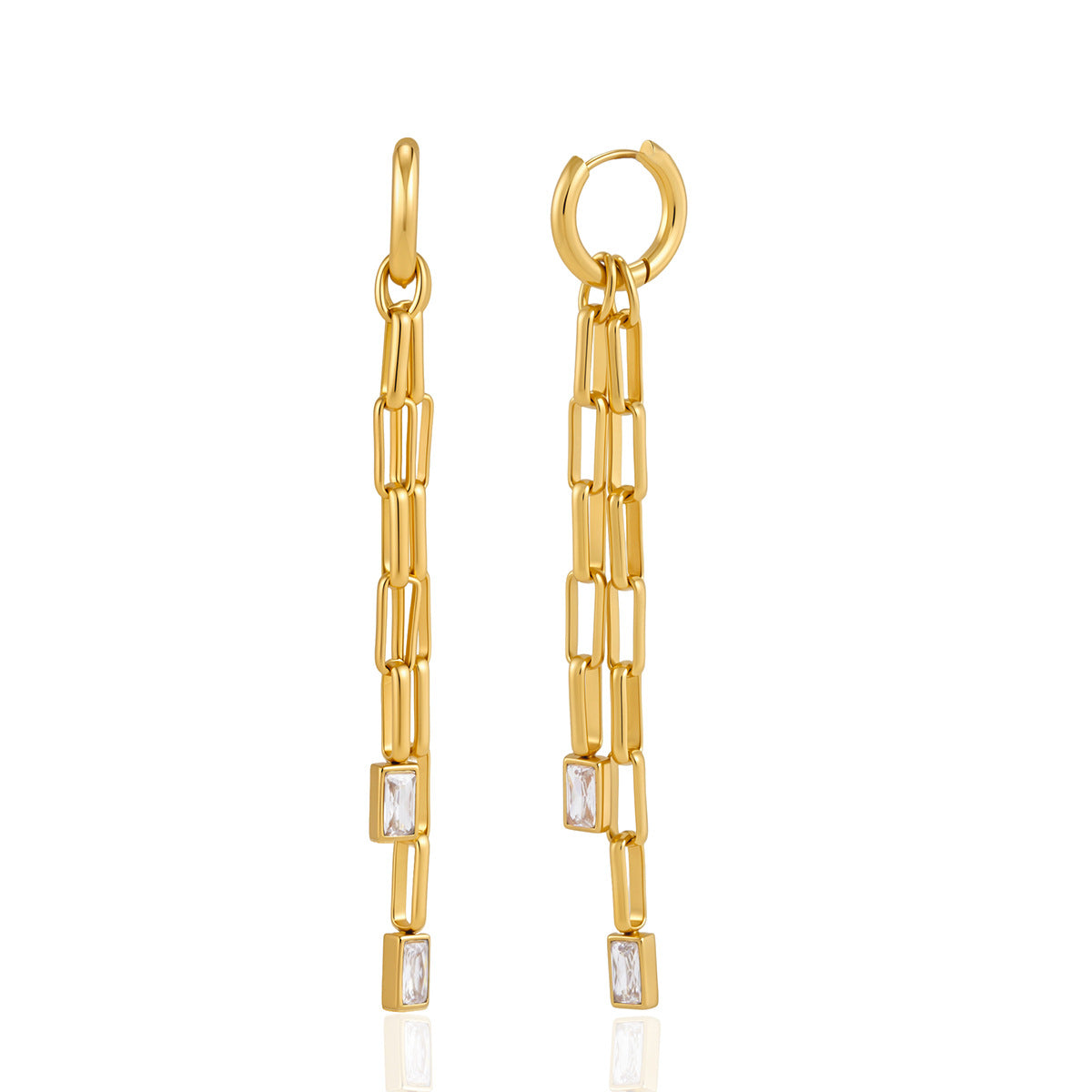 Gold tone link earrings with rectangular clear accents